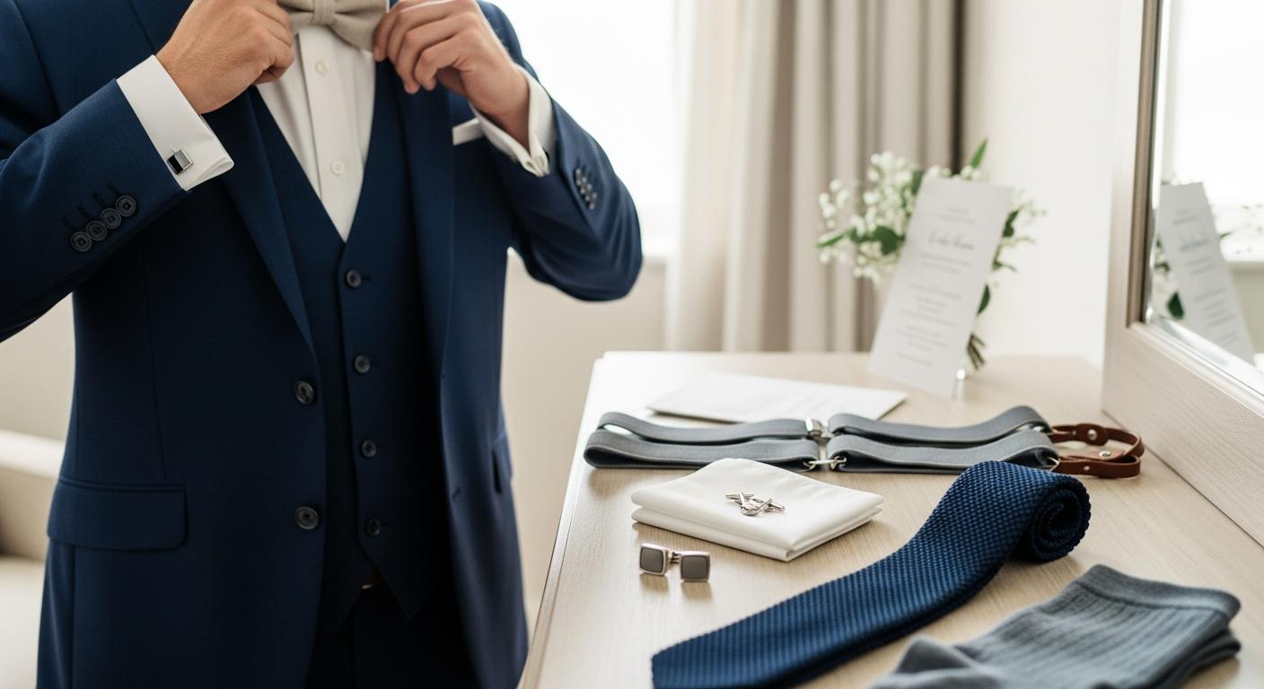 Marié en costume bleu marine ajustant un nœud papillon en lin, accessoires de costume posés sur une commode Bild