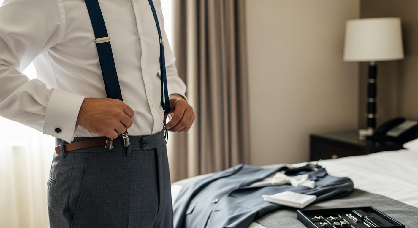 Homme en chemise blanche ajustant des bretelles bleu marine avec attaches en cuir, dans une chambre lumineuse avant un mariage Bild