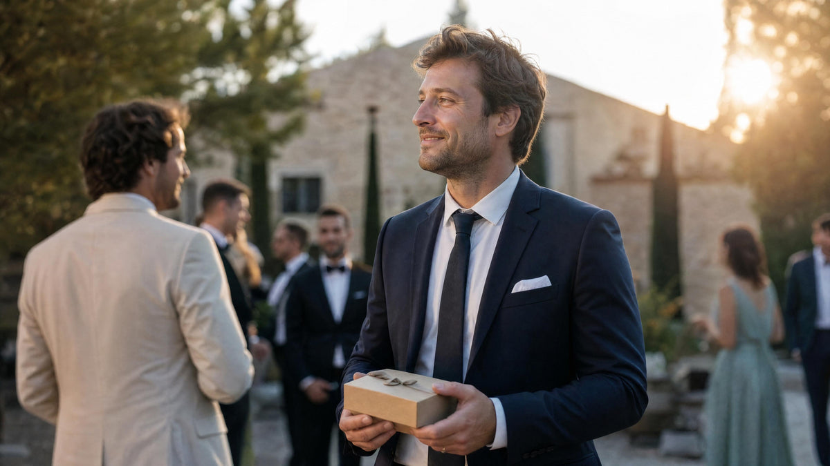 Témoin de mariage recevant un accessoire homme en cadeau, dans une ambiance de cérémonie élégante. Bild