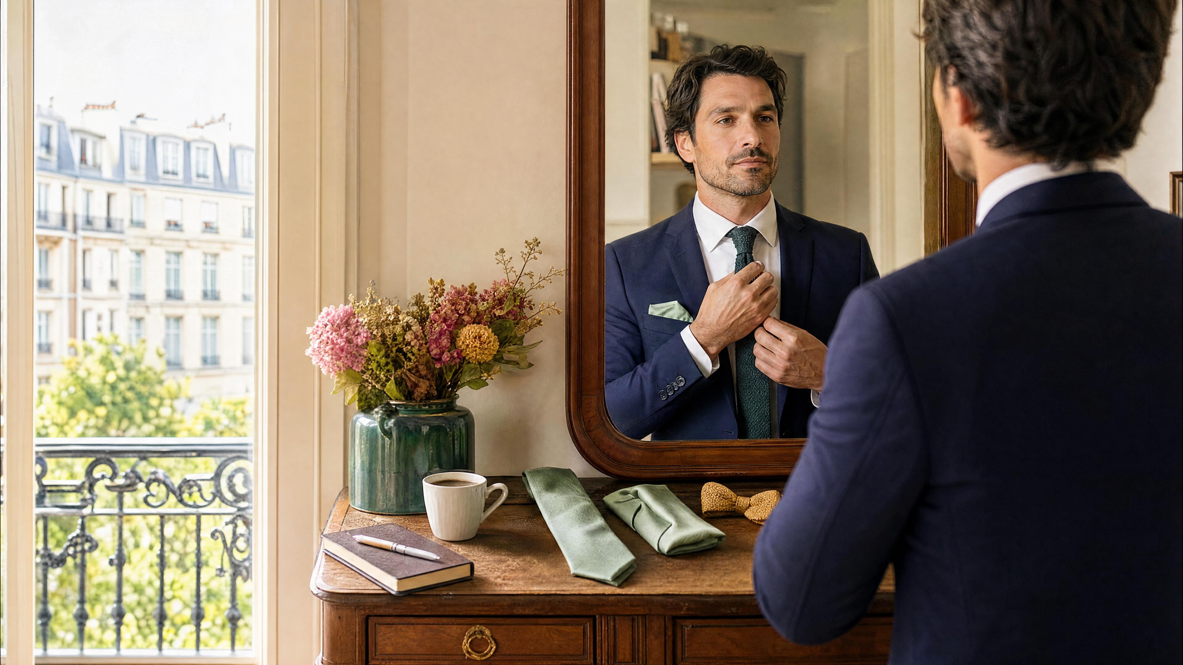 Homme en blazer bleu marine ajustant sa cravate, avec une pochette de costume et des accessoires vert sauge posés sur une commode, ambiance rentrée au bureau. Bild