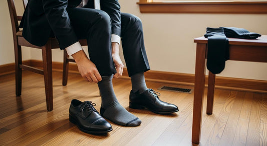 Homme en costume noir ajustant une chaussette habillée gris anthracite, chaussures en cuir noir, lumière naturelle et décor intérieur sobre