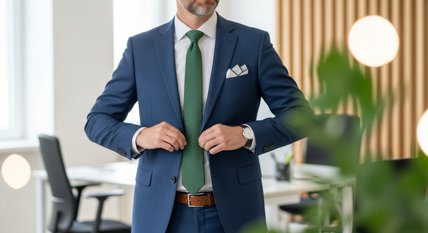Homme en costume bleu marine portant une cravate vert forêt et une chemise blanche dans un bureau lumineux Bild