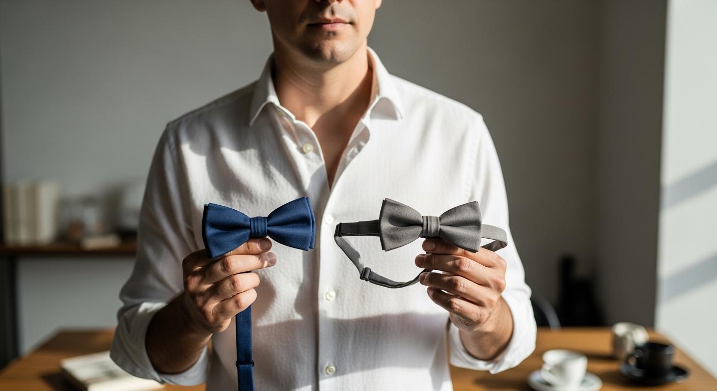 Homme en chemise blanche comparant un nœud papillon à nouer et un modèle ajustable dans un intérieur lumineux Bild