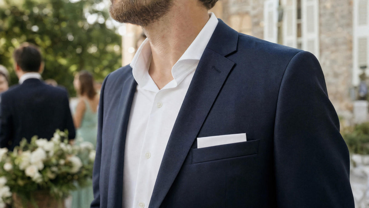 Homme en costume avec pochette de costume pour mariage, style élégant et formel. Bild