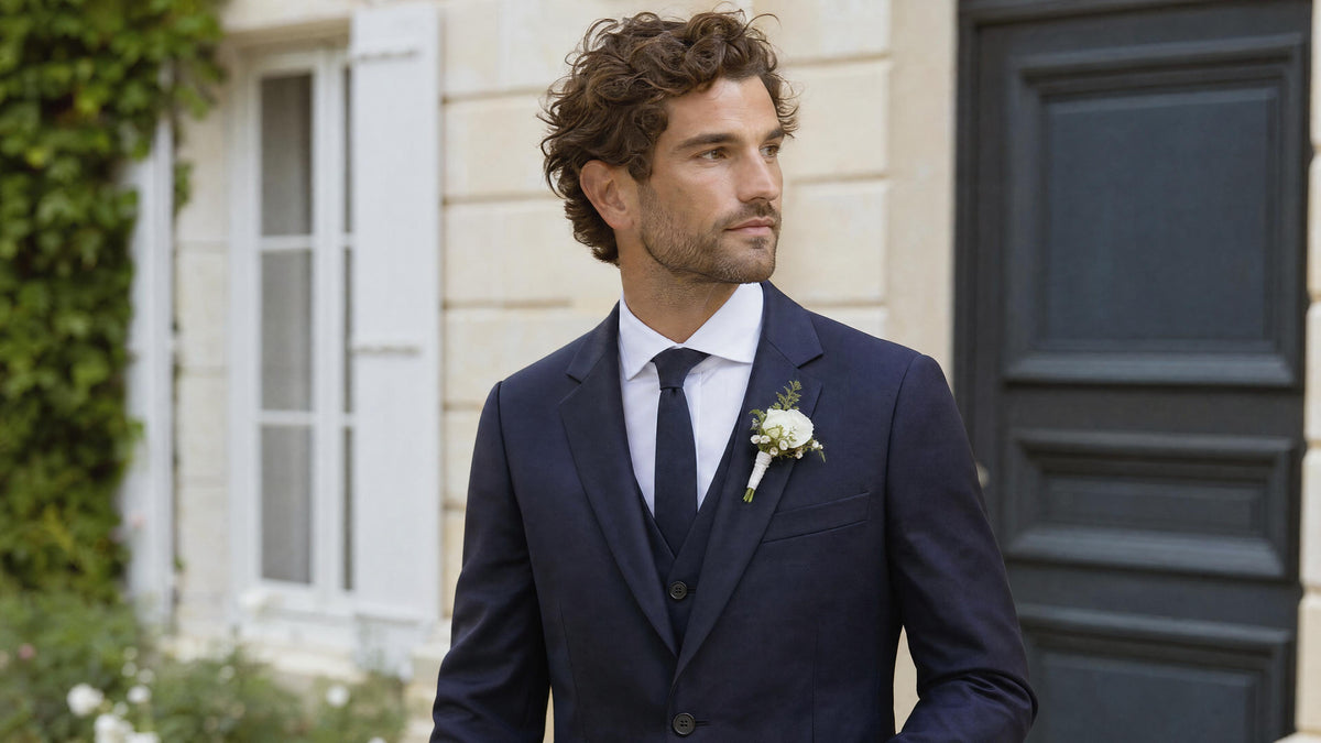 Homme en costume portant une boutonnière sur le revers gauche de sa veste Bild
