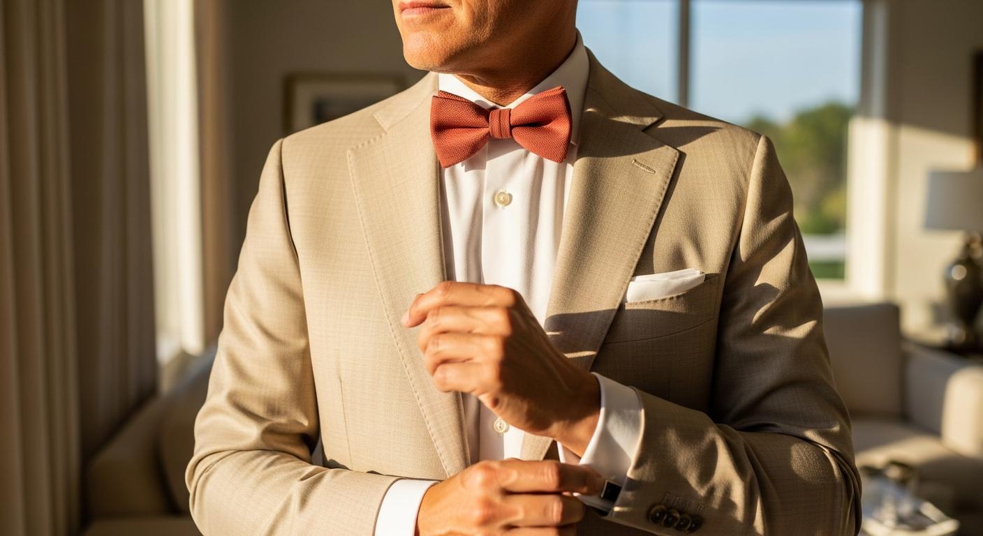 Homme en costume beige avec chemise blanche portant un nœud papillon terracotta dans une lumière douce, ambiance élégante et naturelle