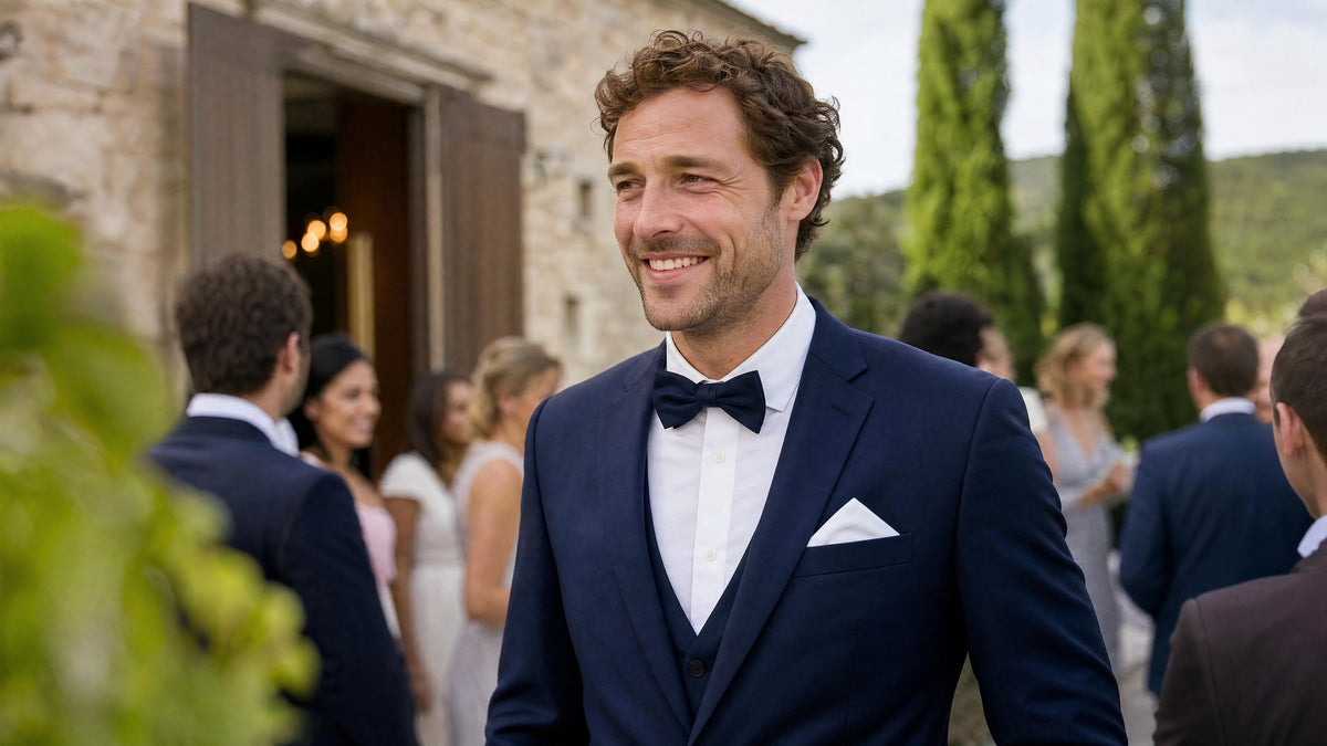 Homme en tenue de mariage avec accessoires assortis à un costume bleu marine. Bild