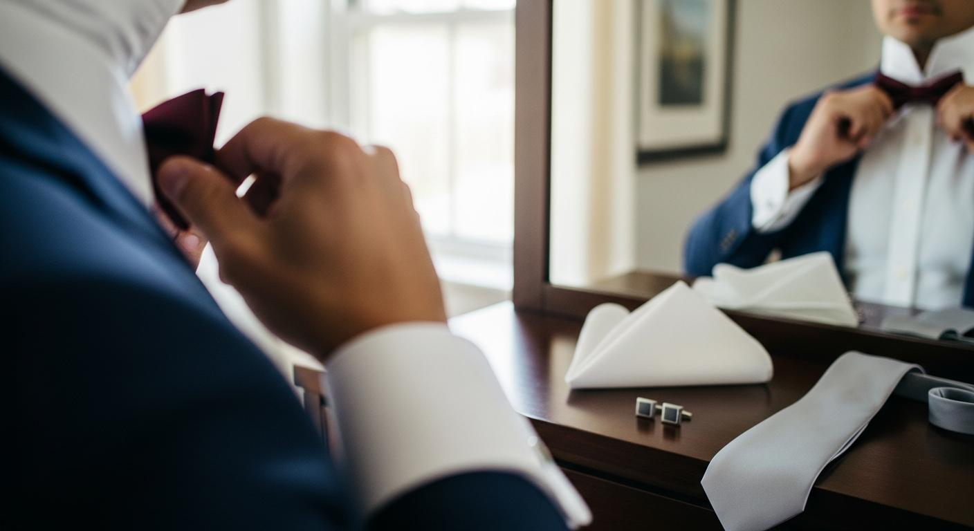 Homme en costume bleu marine ajustant un nœud papillon bordeaux devant un miroir, avec accessoires de mariage posés sur une commode