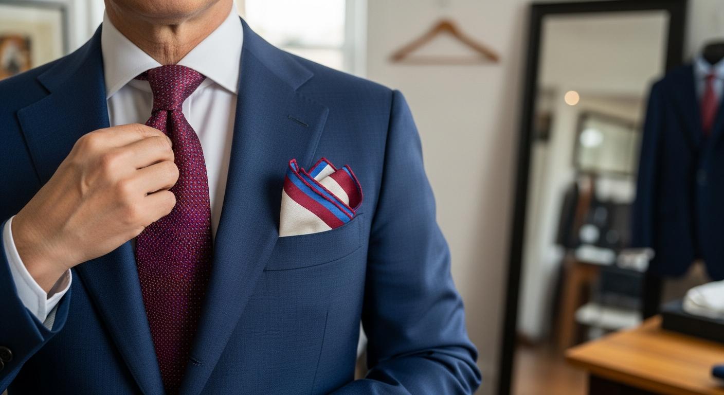 Homme en costume bleu marine avec cravate bordeaux et pochette en lin ivoire assortie, photographié en lumière naturelle près d’une fenêtre Bild