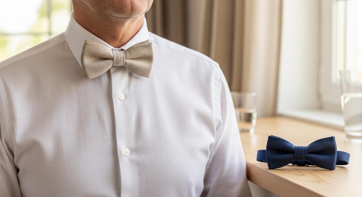 Homme en chemise blanche portant un nœud papillon en lin beige, avec un nœud papillon en coton bleu marine posé sur une table en bois dans une lumière douce d’été Bild