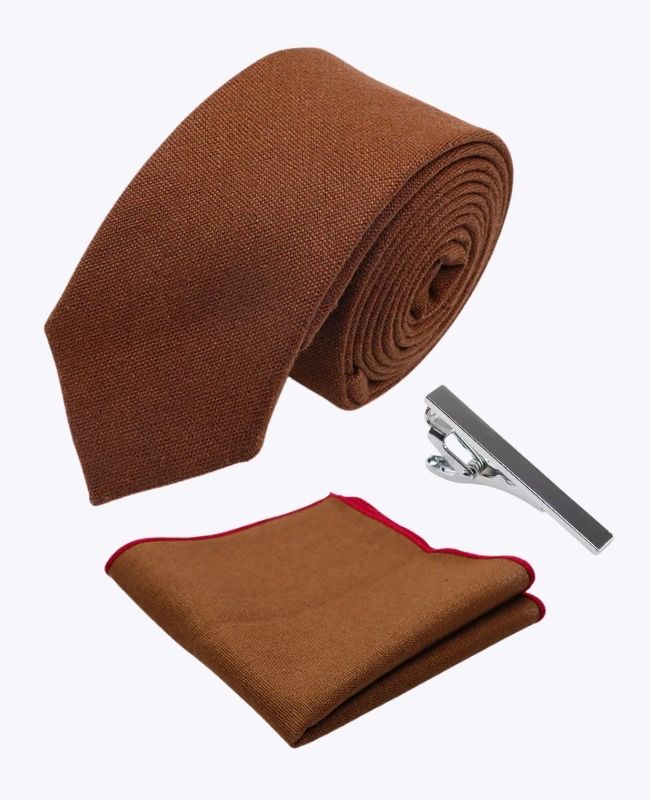 Cravate + Pochette de Costume + Pince à Cravate Marron n°1 Homme en Lin «Basile»