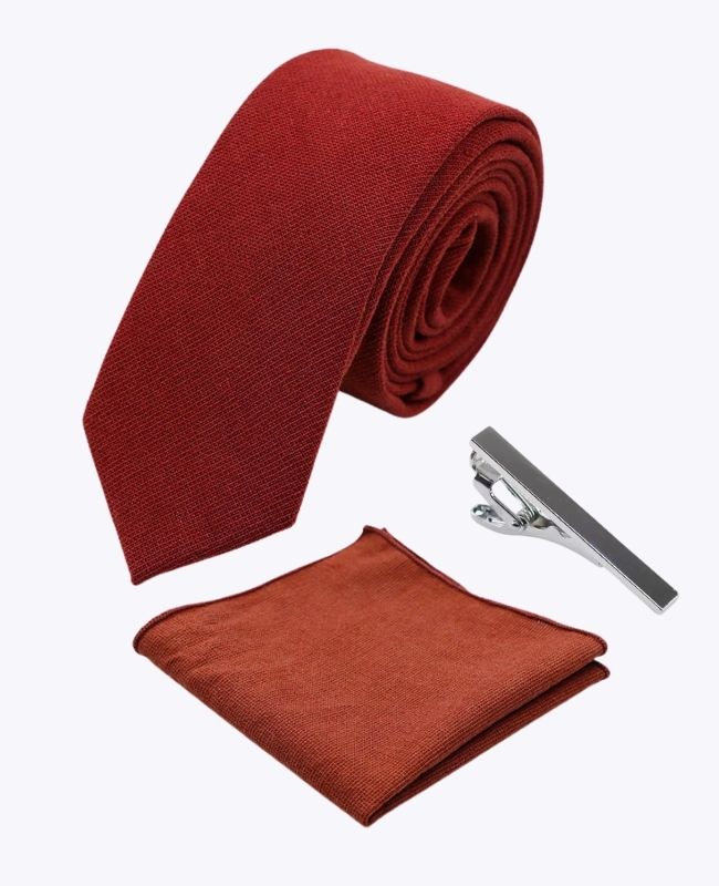 Slips + Kavajnäsduk + Slipsnål Terracotta Herr i Bomull «Edgard»