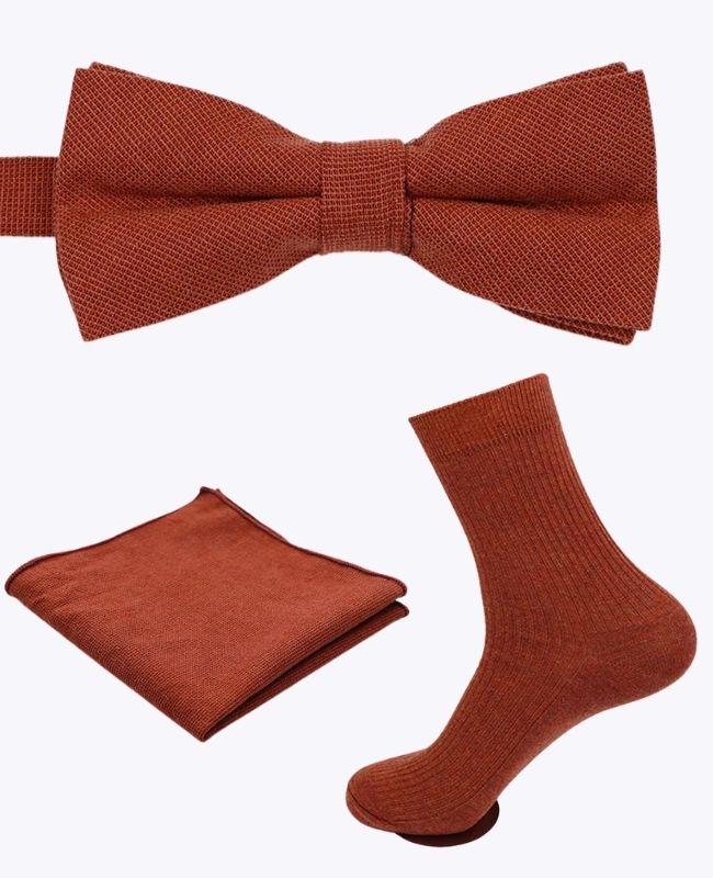 Noeud Papillon + Pochette de Costume + Chaussettes Terracotta Homme en Coton «Edgard»