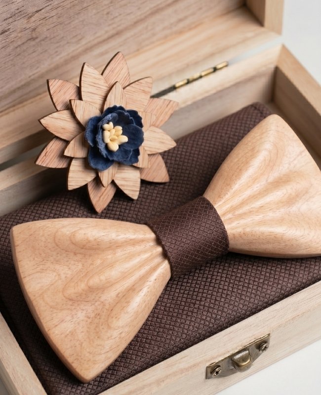 Coffret Noeud Papillon Marron Homme en Bois Clair «Hippolyte»