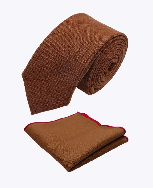 Cravate + Pochette de Costume Marron n°1 Homme en Lin «Basile»