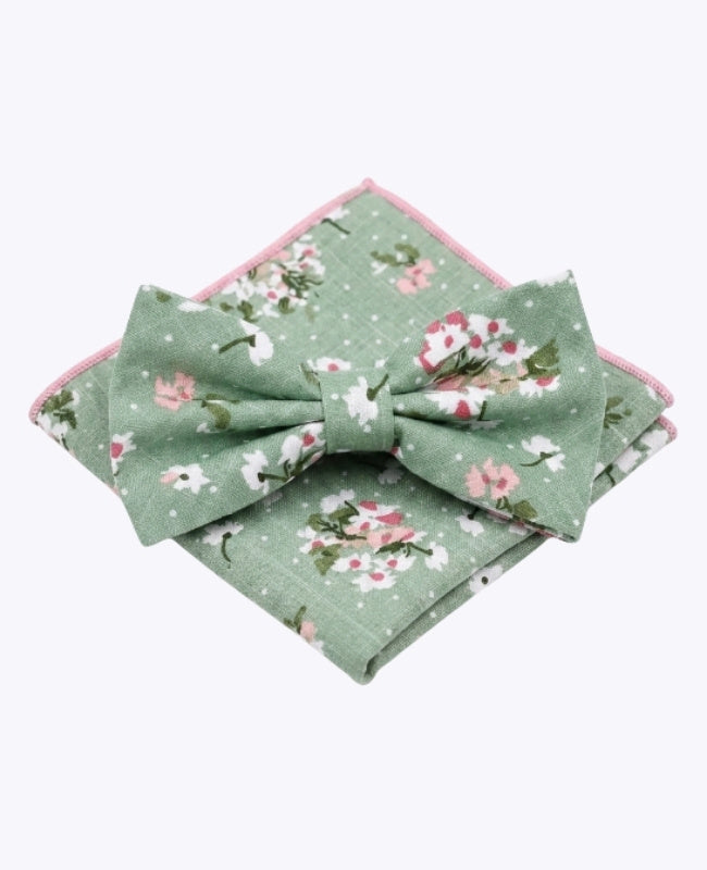 Noeud Papillon + Pochette de Costume Liberty Vert n°3 Homme en Coton «Gaspard»