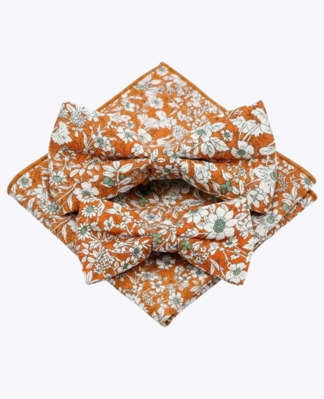 Noeuds Papillon Liberty Orange Père & Fils + Pochette de Costume en Coton «Clovis»